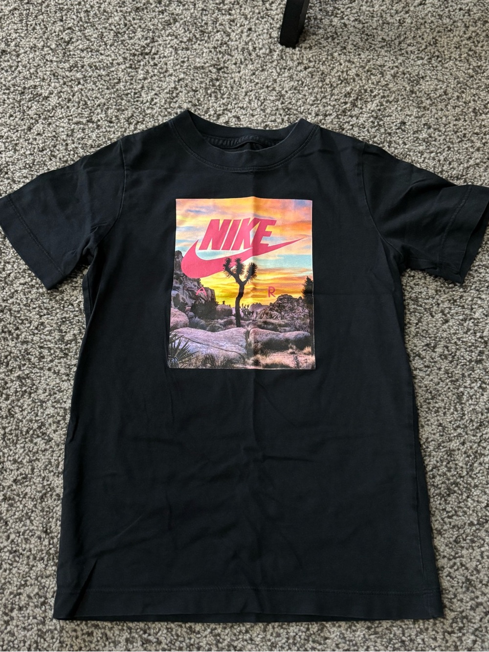 Nike Black Tee with Pink Logo and Multicolor Desert Sunset Print